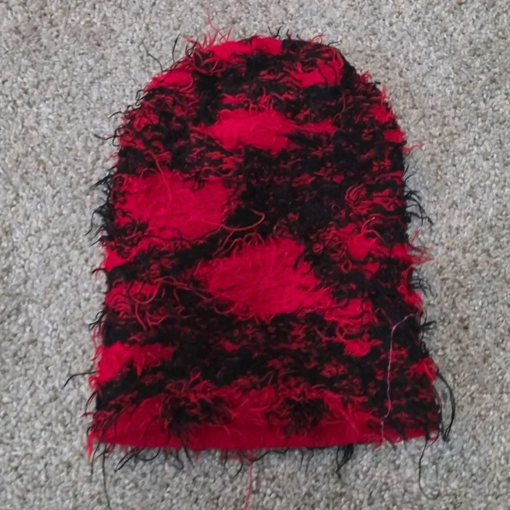 Red & Black Shaggy Balaclava Ski Mask Fuzzy Knit Y2K Streetwear